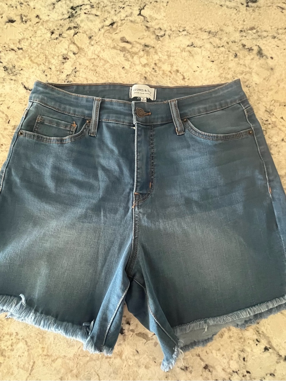 crown & ivy Medium Blue Denim Frayed Hem Women's Shorts